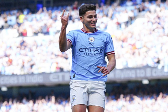 Mandatory Credit: Photo by Javier Garcia/Shutterstock 13920111am Julian Alvarez of Manchester City celebrates scoring the 1st goal Manchester City v Chelsea, Premier League, Football, Etihad Stadium,  ...