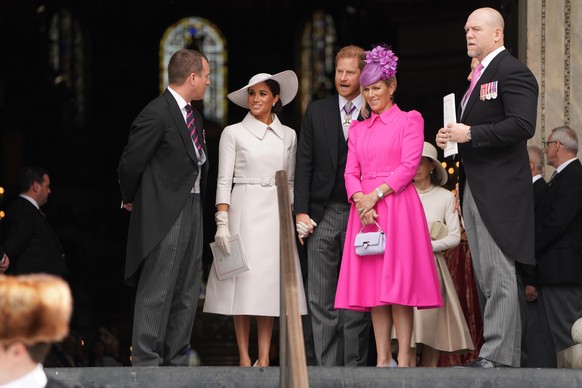 Platinum Jubilee. Peter Phillips, the Duchess of Sussex, the Duke of Sussex, Zara Tindall and Mike Tindall leave the National Service of Thanksgiving at St Paul's Cathedral, London, on day two of the  ...