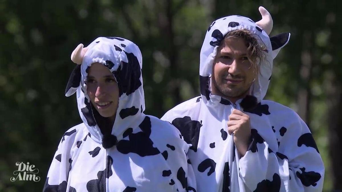 Ja, wer ins Finale von "Die Alm" will, muss einiges verkraften. Auch ein Partnerkuhkostüm, wie hier Siria Campanozzi und Spielpartner Yoncé Banks.