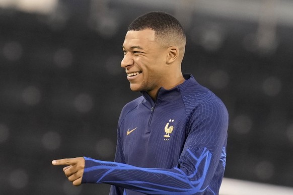 France's Kylian Mbappe, attends a training session on the eve of the World Cup final soccer match between France and Argentina, in Doha, Qatar, Saturday, Dec. 17, 2022 (AP Photo/Christophe Ena)