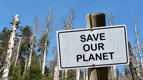 Sign with the inscription Save our Planet. In the background a dead forest in Germany