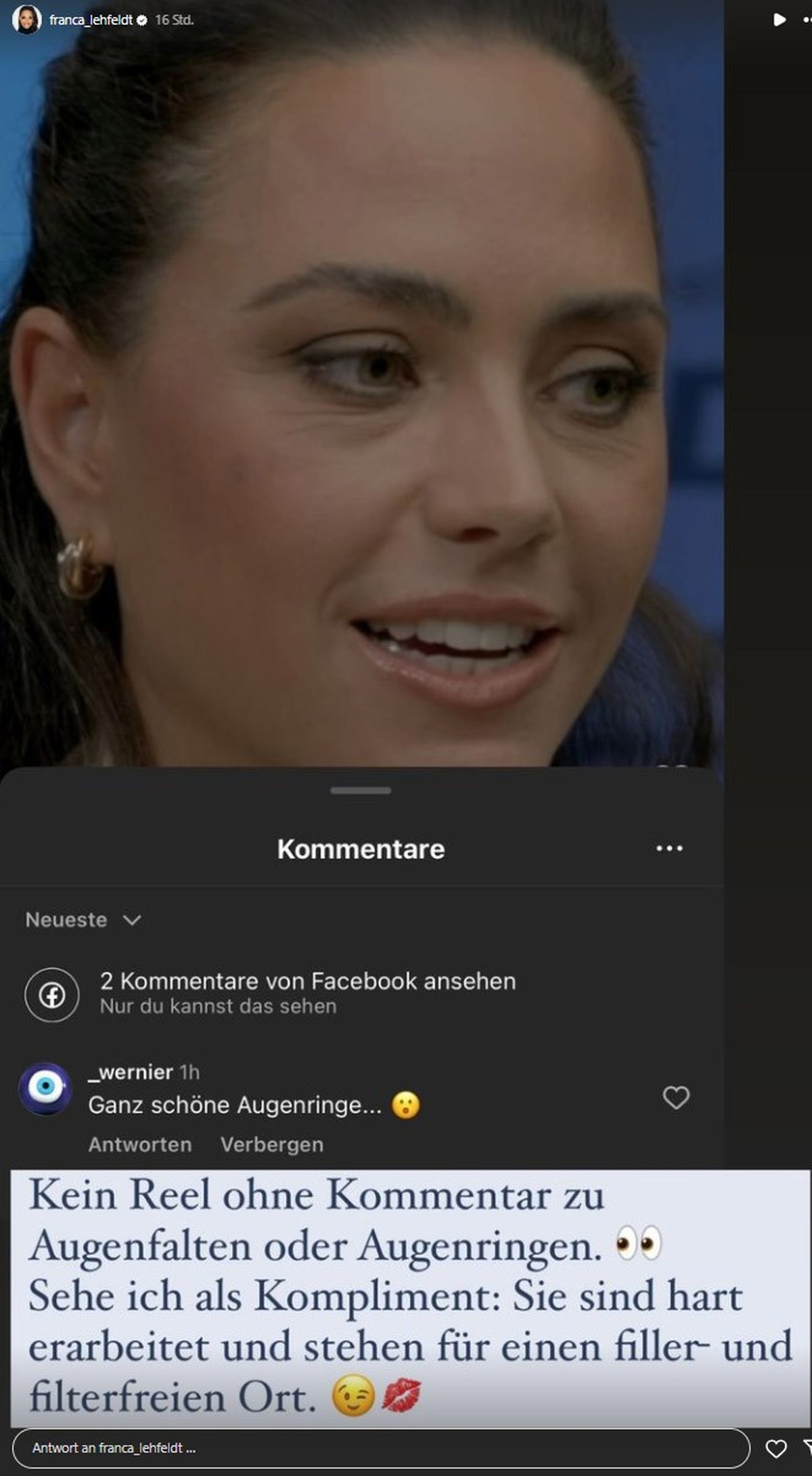 Franca Lehfeldt reagiert schlagfertig auf einen User-Kommentar.