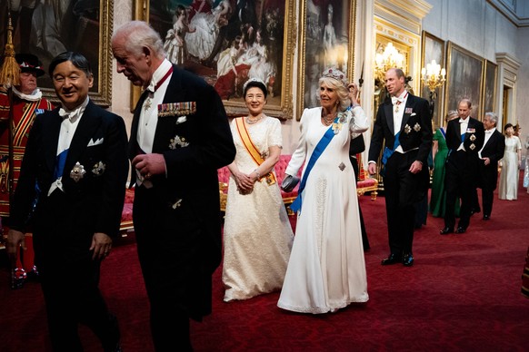 . 25/06/2024. London, United Kingdom. King Charles III and Queen Camilla with the Emperor and Empress of Japan at a State Banquet at Buckingham Palace, in London, on the first day of their State Visit ...