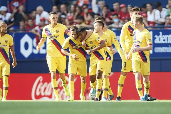 Partido de LaLiga Santander entre el Osasuna y el Barcelona. En la imagen, celebracion de Ansu Fati tras marcar. LaLiga Santander match between Osasuna and Barcelona. In this picture, Ansu Fati celebr ...