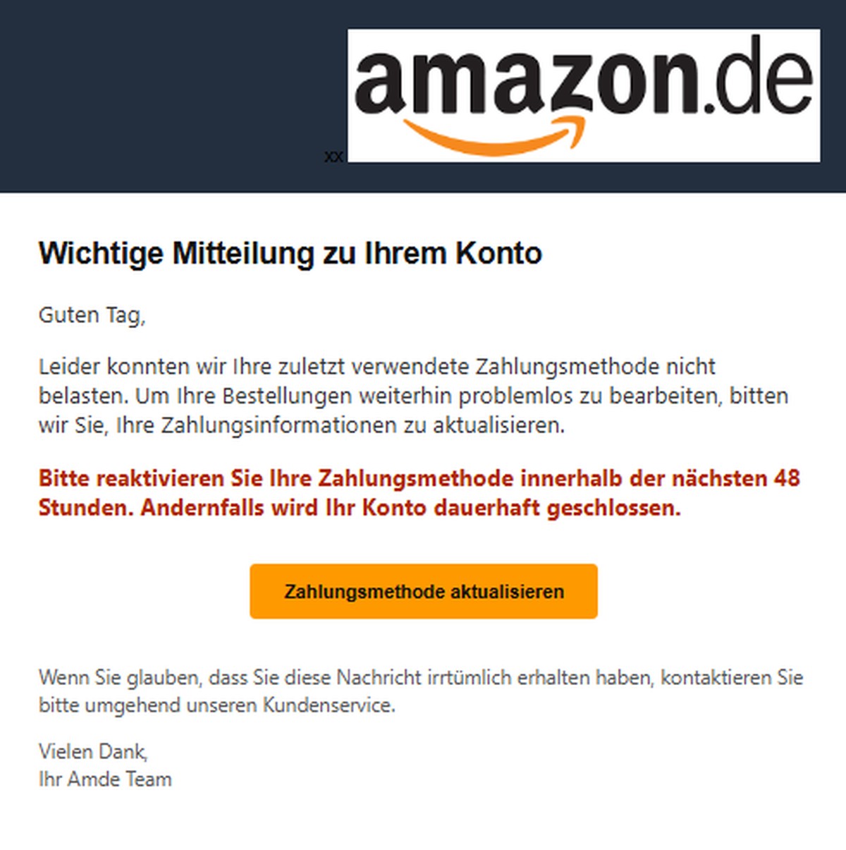Vor dieser Mail an Amazon-Kunden warnt die Verbraucherzentrale.
