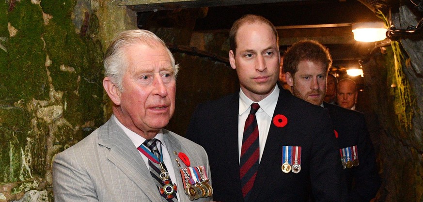 VIMY, FRANCE - APRIL 09: Prince Charles, Prince of Wales, Prince William, Duke of Cambridge and Prince Harry visit the tunnel and trenches at Vimy Memorial Park during the commemorations for the cente ...