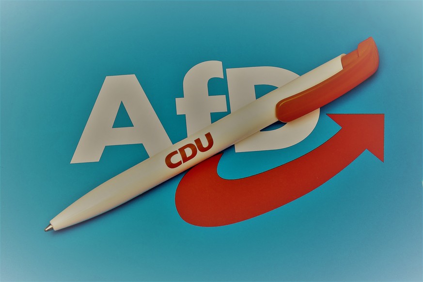 Logo der AfD und Kugelschreiber Logo der AfD und Kugelschreiber, 04.09.2019, Borkheide, Brandenburg, Auf einem Logo der AfD liegt ein Kugelschreiber der CDU. *** Logo of the AfD and ballpoint pen Logo ...