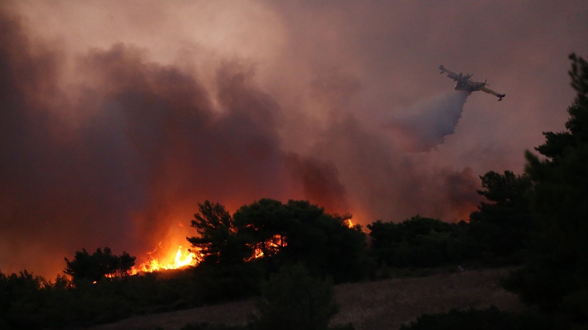 11.08.2024, Griechenland, -: Ein Löschflugzeug wirft während eines großen Brandes nördlich von Athen Wasser ab. Die Bewohner flohen am Sonntag aus ihren Häusern, als ein sich schnell ausbreitender Wal ...
