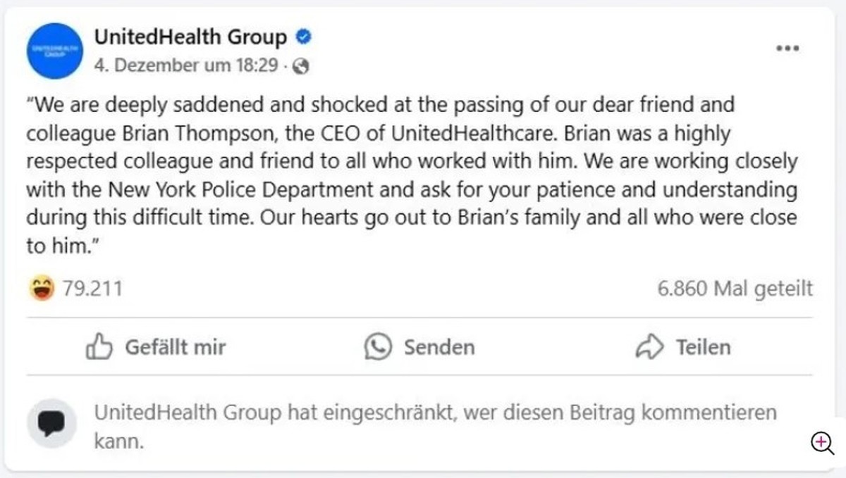 Die offizielle Stellungnahme der United Health Group auf Facebook.