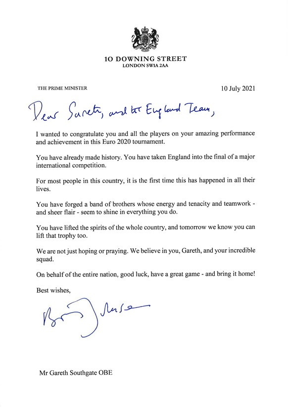 HANDOUT - 10.07.2021, Gro�britannien, London: Das von Downing Street ver�ffentlichte Schreiben von Premierminister Johnson an die englische Nationalmannschaft vor ihrem gr��ten Finale seit 55 Jahren.  ...