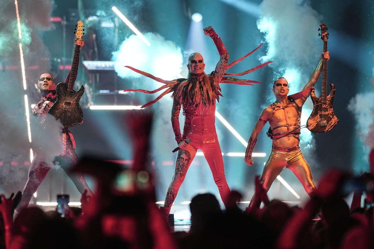 08.05.2023, Großbritannien, Liverpool: Lord of the Lost aus Deutschland treten während einer Generalprobe für den Eurovision Song Contest in Liverpool, England, auf. Foto: Martin Meissner/AP/dpa +++ d ...