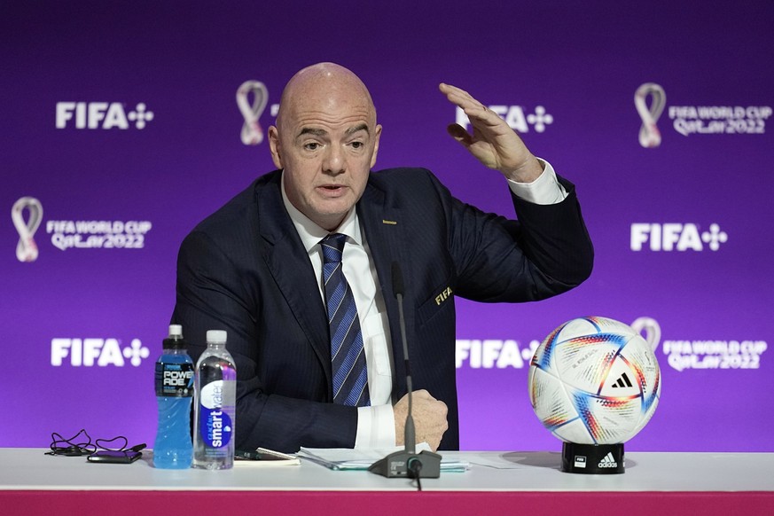FILE - FIFA President Gianni Infantino speaks at a press conference Saturday, Nov. 19, 2022 in Doha, Qatar. (AP Photo/Abbie Parr, File)