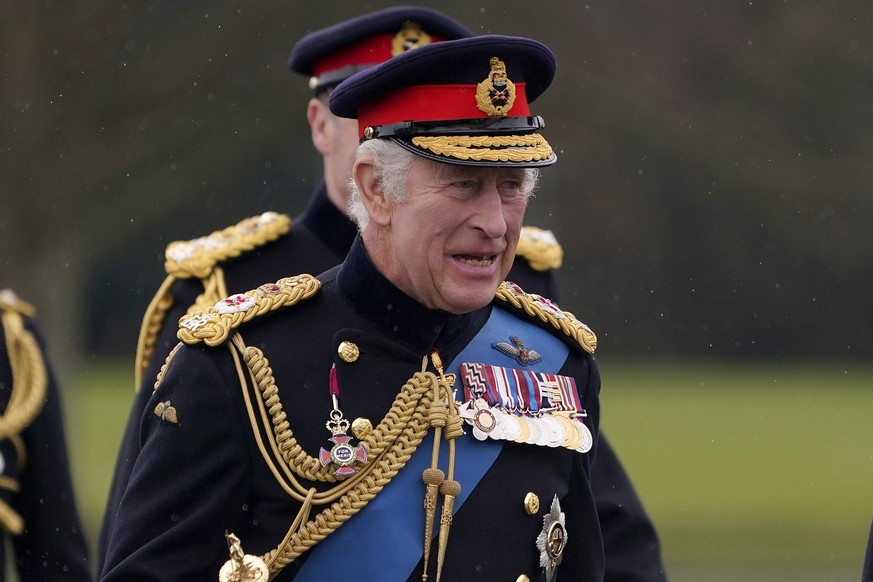 Britain&#039;s King Charles III arrives for the 200th Sovereign&#039;s Parade at the Royal Military Academy Sandhurst (RMAS) in Camberley, England, Friday, April 14, 2023.(AP Photo/Alberto Pezzali)
