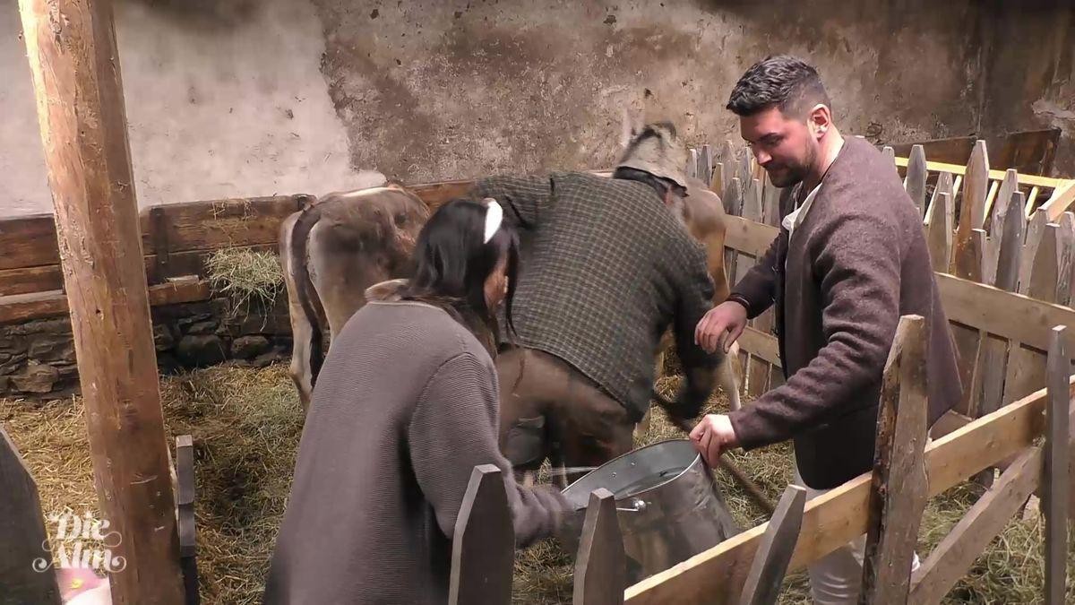 Die Pflicht ruft im Kuhstall: Katharina Eisenblut und Ioannis Amanatidis müssen bei &quot;Die Alm&quot; ausmisten.