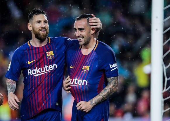 4th November 2017, Camp Nou, Barcelona, Spain; La Liga football, Barcelona versus Sevilla; Leo Messi (left) and Paco Alcacer (right) celebrating their goal PUBLICATIONxINxGERxSUIxAUTxHUNxSWExNORxDENxF ...