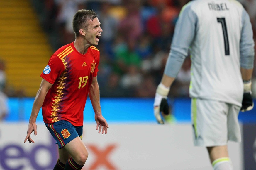 June 30, 2019 - Udine, UD, Italy - Daniel Olmo Carvajal of Spain U21, U 21 celebrate after scoring a goal during the Uefa Under 21 European Championship, EM, Europameisterschaft final match between Sp ...