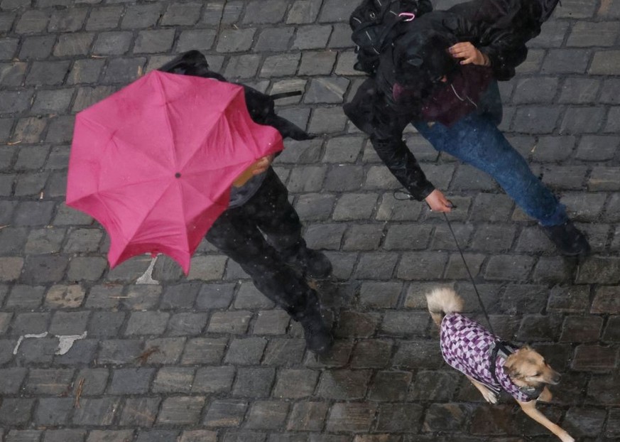 People with a dog run for shelter during heavy rain and wind on March 14, 2023 in Berlin. (Photo by David GANNON / AFP) (Photo by DAVID GANNON/AFP via Getty Images)