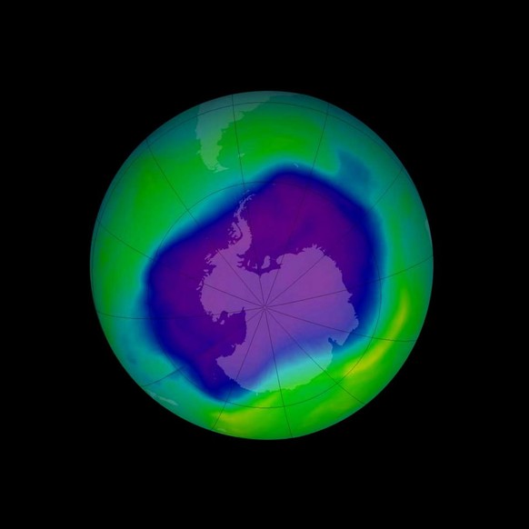In this image, from September 2006, the Antarctic ozone hole was equal to the record single-day largest area of 11.4 million square miles (29.5 million square kilometres), reached on Sept. 9, 2000. Sa ...