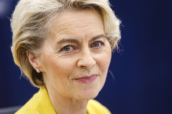 Commission President Ursula von der Leyen delivers a State of the Union address at the start of the European Parliament plenary session. in Strasbourg, eastern France, Wednesday, Sept. 14, 2022. PUBLI ...