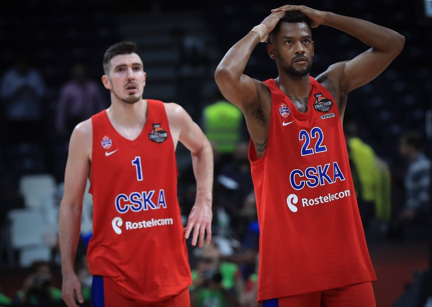 BELGRADE, SERBIA - MAY 18, 2018: CSKA Moscow s Nando de Colo (L) and Cory Higgins in the 2017/2018 Euroleague Final Four Semifinal A basketball match against Real Madrid at Stark Arena. Stanislav Kras ...