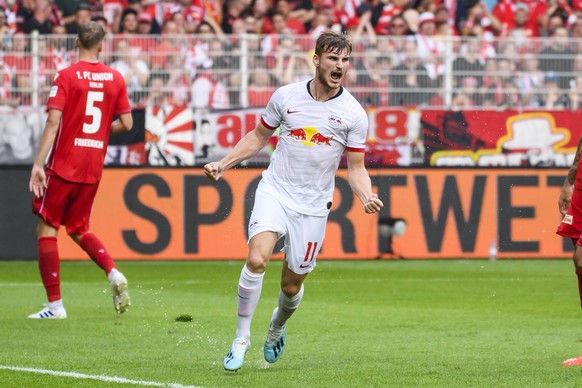 18.08.2019, xkvx, Fussball 1.Bundesliga, Union Berlin - RB Leipzig emspor, v.l. Torjubel, Goal celebration, celebrate the goal zum 0:3 durch Timo Werner (RB Leipzig) (DFL/DFB REGULATIONS PROHIBIT ANY  ...