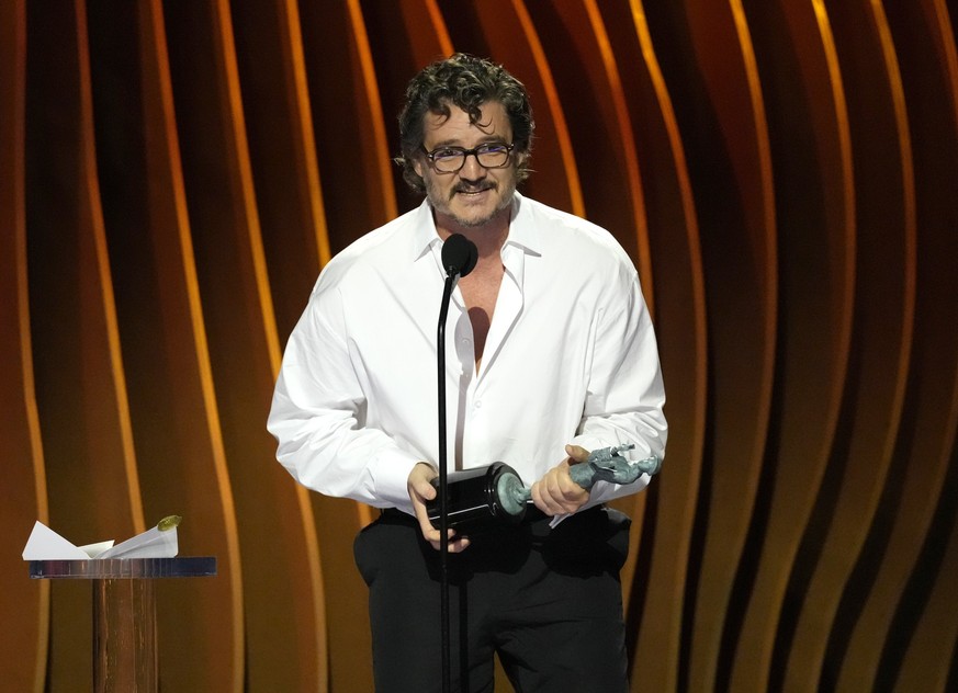Pedro Pascal accepts the award for outstanding performance by a male actor in a drama series for &quot;The Last of Us&quot; during the 30th annual Screen Actors Guild Awards on Saturday, Feb. 24, 2024 ...