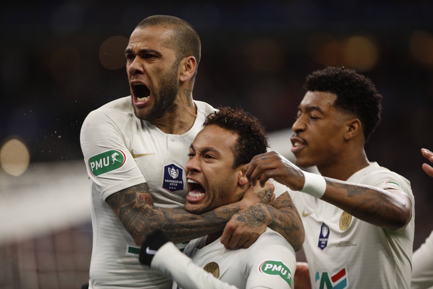 April 27, 2019 - Paris, France - Dani Alves, Neymar and Presnel Kimpembe during the French Cup (Coupe de France) final match between Stade Rennais and Paris Saint-Germain (PSG) at Stade de France in S ...