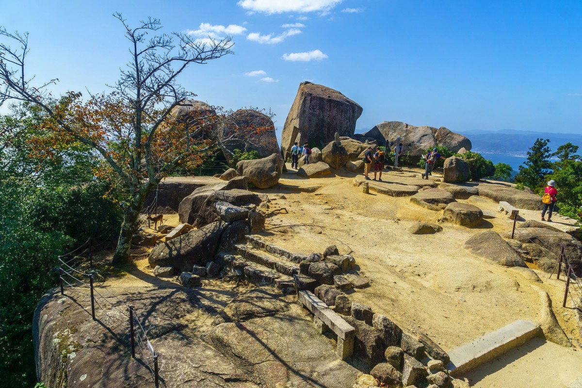Miyajima, Japan - October 13, 2019: View of the top of Mount Misen, with visitors, in Miyajima (Itsukushima) Island, Japan