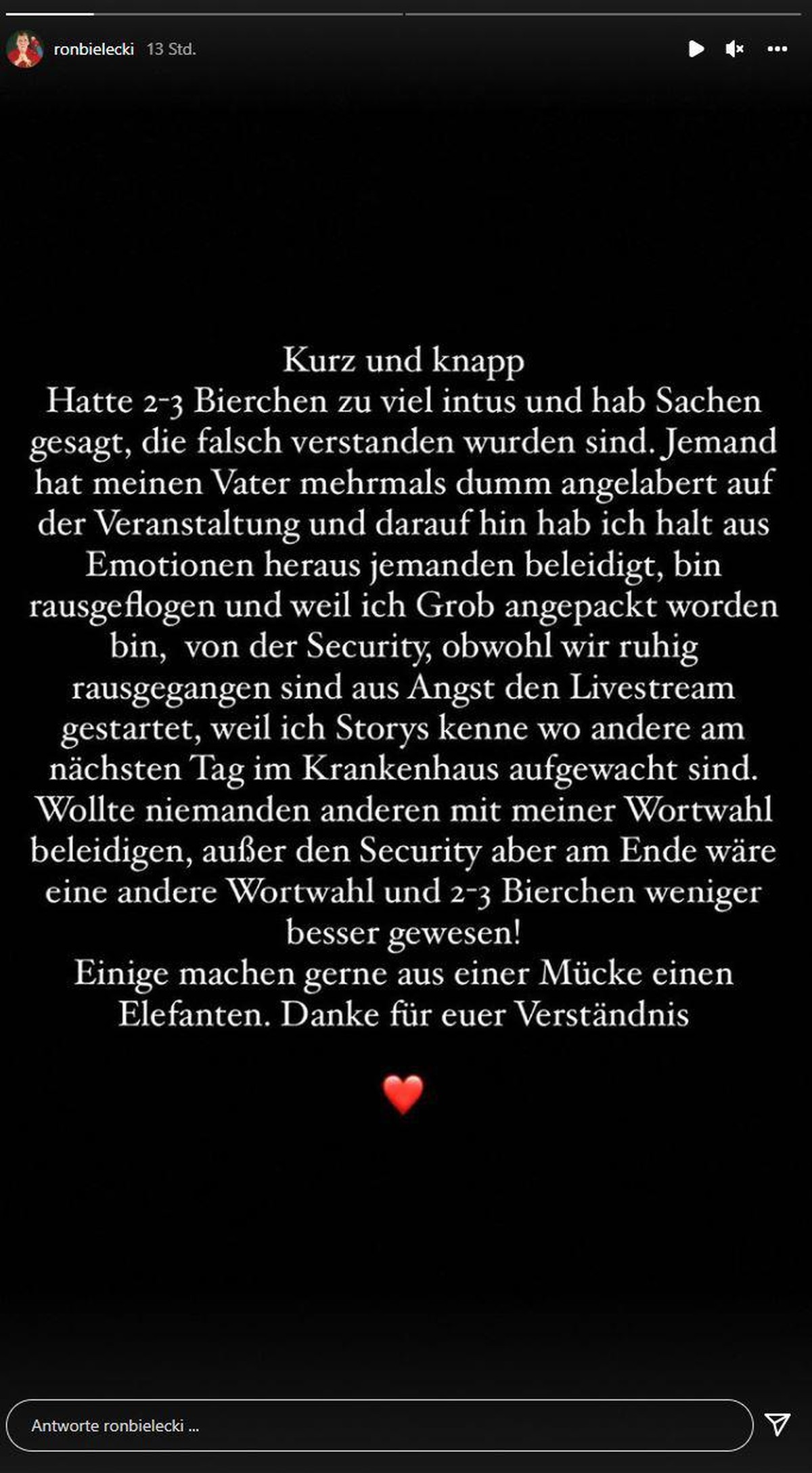 Ron Bielecki versucht, seinen Ausraster vom vergangenen Sonntag zu erklären.