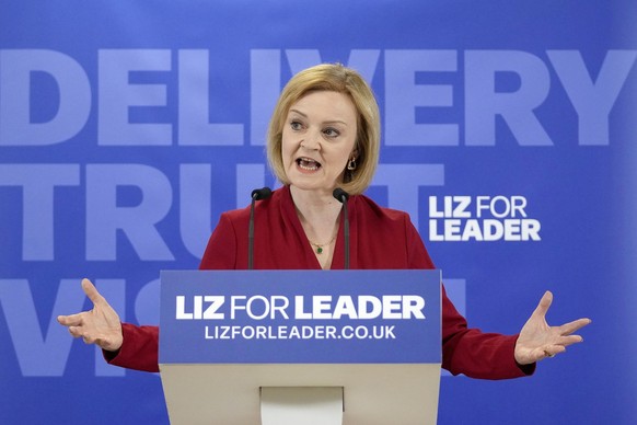 FILE - Britain&#039;s Secretary of State for Foreign, Commonwealth and Development Affairs, Liz Truss, speaks during the launch of her campaign to be Conservative Party leader and Prime Minister, in W ...
