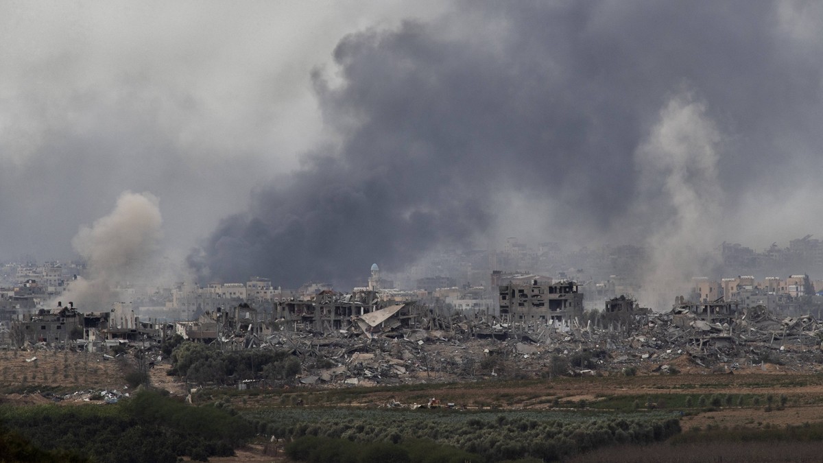 Israeli IDF bombing attacks inside the northern Gaza Strip are seen from southern Israel on Wednesday, November 22,2023. Israel and Hamas are due to begin a ceasefire tomorrow morning and exchange 150 ...