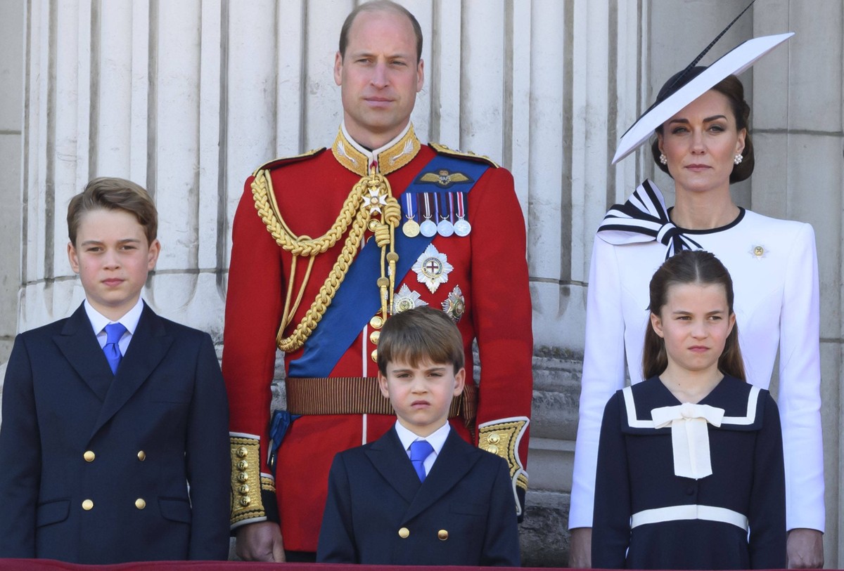 Trooping the Colour 2024 ceremony, marking the monarch s official birthday in London. Featuring: Prince George, Prince William, Prince Louis, Catherine Princess of Wales, Princess Charlotte Where: Lon ...