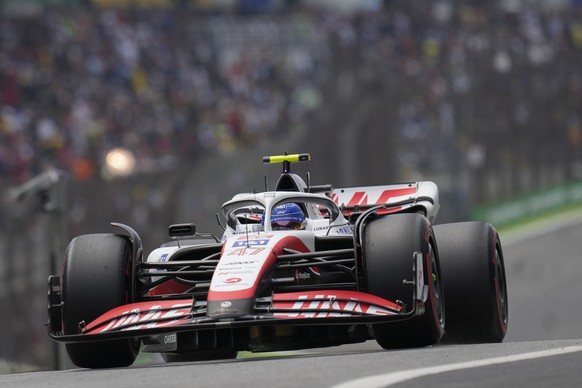 Haas driver Mick Schumacher, of Germany, steers his car along the pit lane during the free practice ahead of the Brazil Formula One Grand Prix at Interlagos race track 119in Sao Paulo, Brazil, Friday, ...