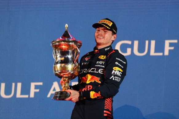 March 5, 2023, Sakhir, Bahrain: Max Verstappen of Red Bull Racing celebrates on podium after Bahrain Grand Prix of 2023 Formula One World Championship, WM, Weltmeisterschaft at Bahrain International C ...