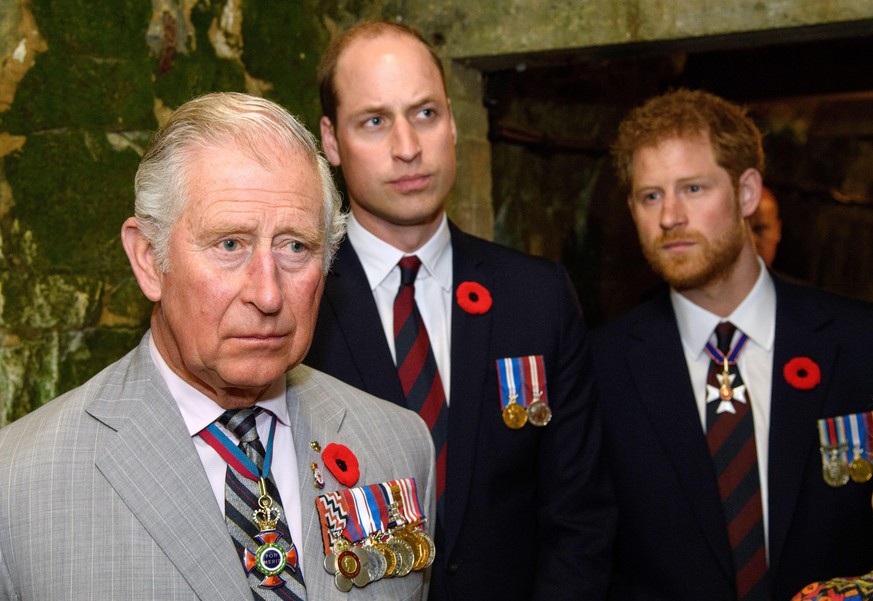 VIMY, FRANCE - APRIL 09: Prince Charles, Prince of Wales, Prince William, Duke of Cambridge and Prince Harry visit the tunnel and trenches at Vimy Memorial Park during the commemorations for the cente ...