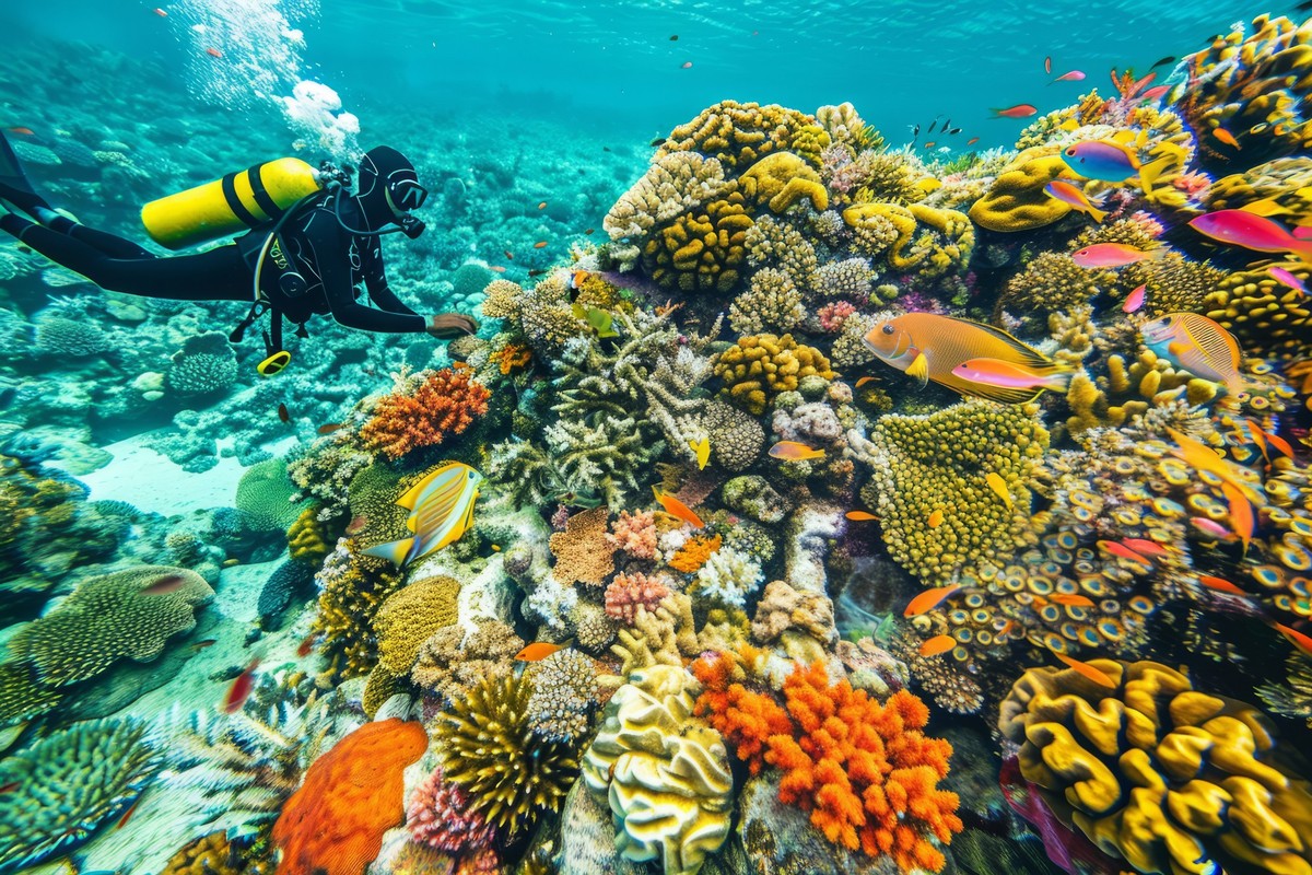 Scuba Diver Exploring Vibrant Coral Reef with Colorful Fish in Crystal Clear Waters, Scuba Diver Exploring Vibrant Coral Reef with Colorful Fish in Crystal Clear Waters, Scuba Diver Exploring Vibrant  ...