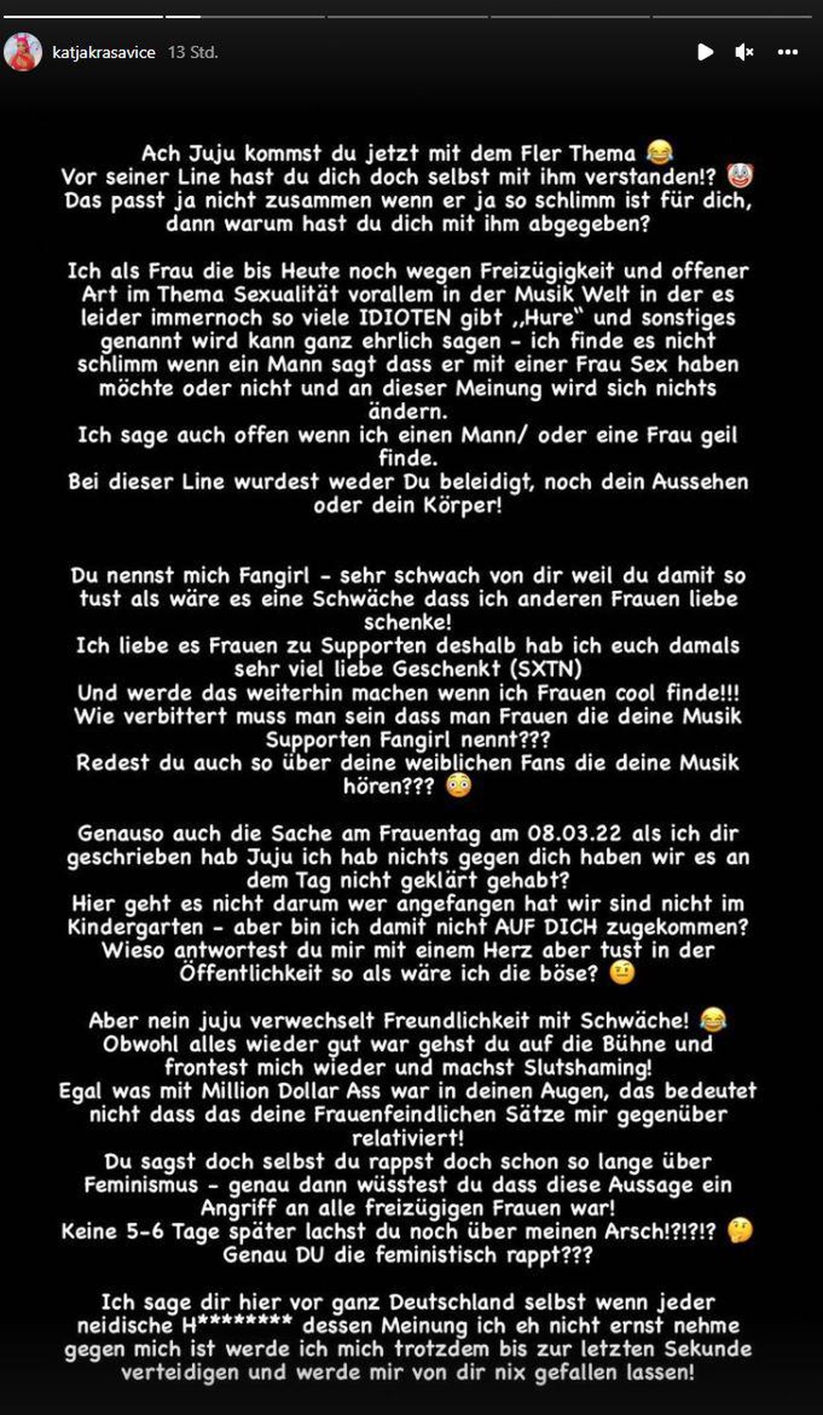 Katja Krasavice äußerte sich ausführlich zu Jujus Statement.