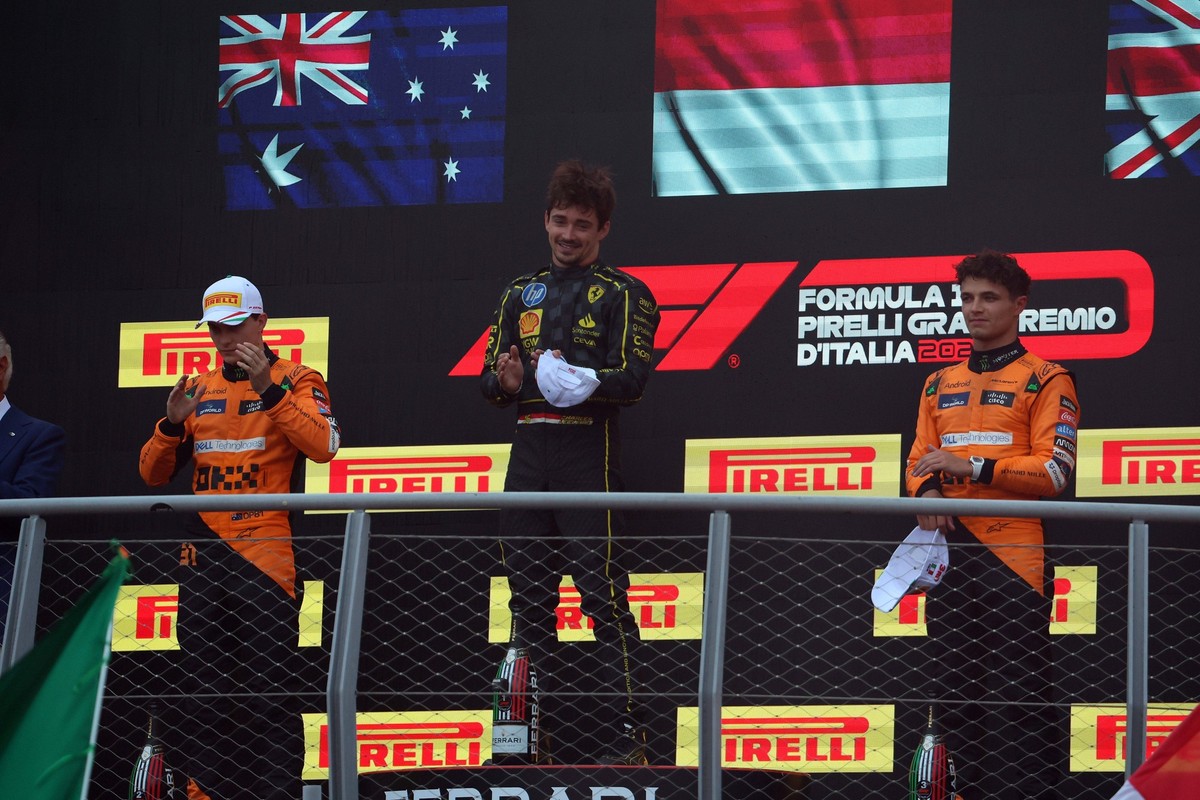 01.09.2024, xrarjax, Motorsport FIA Formel 1, Großer Preis von Italien 2024 emspor, v.l. Oscar Piastri McLaren Startnummer 81 Charles Leclerc Ferrari Startnummer 16 Lando Norris McLaren Startnummer 04 ...