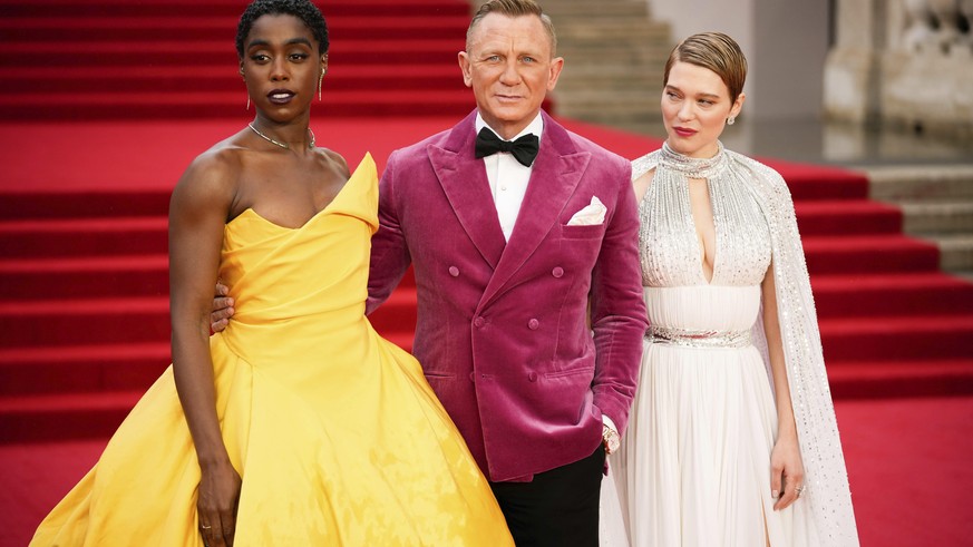 Lashana Lynch, from left, Daniel Craig and Lea Seydoux pose for photographers upon arrival for the World premiere of the film &#039;No Time To Die&#039;, in London Tuesday, Sept. 28, 2021. (AP Photo/M ...