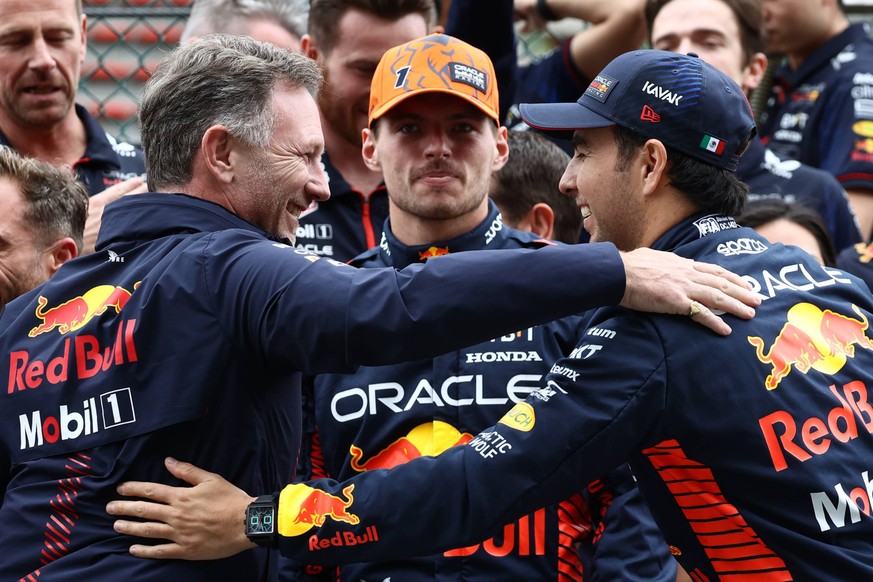 F1 Belgian Grand Prix 2023 Christian Horner, Max Verstappen and Sergio Perez of Red Bull Racing after the Formula 1 Belgian Grand Prix at Spa-Francorchamps in Spa, Belgium on July 30, 2023. Spa Belgiu ...