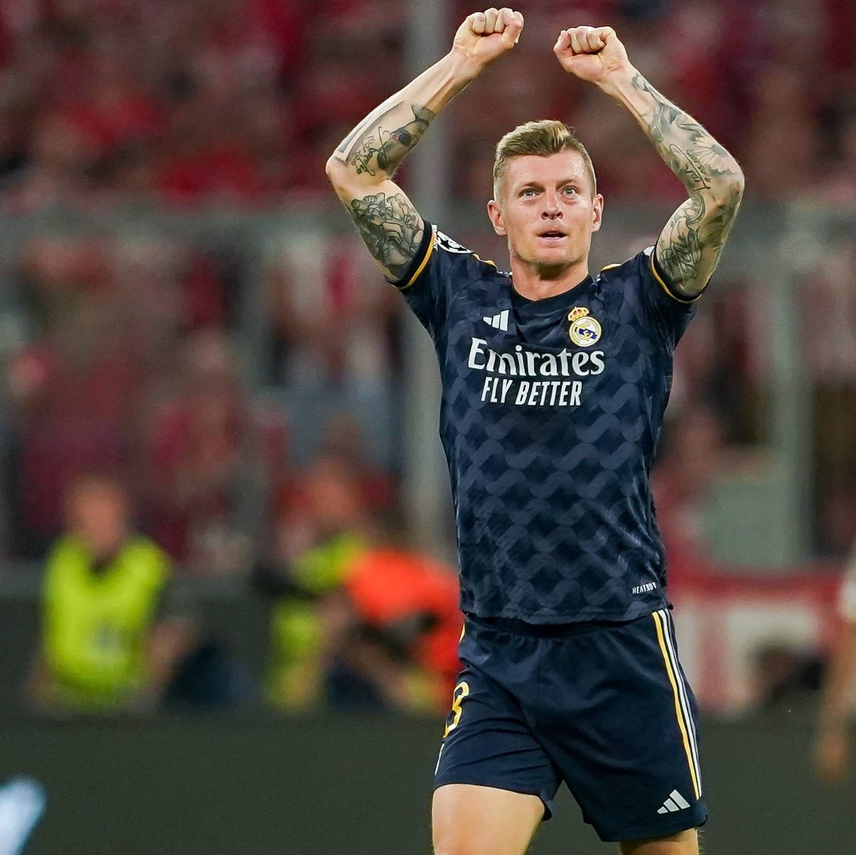 Munich, Germany, April 30th 2024: Toni Kroos 8 Real Madrid celebrates the first goal by Vinicius Junior 7 Real Madrid during the UEFA Champions League semifinal football match between FC Bayern Munich ...