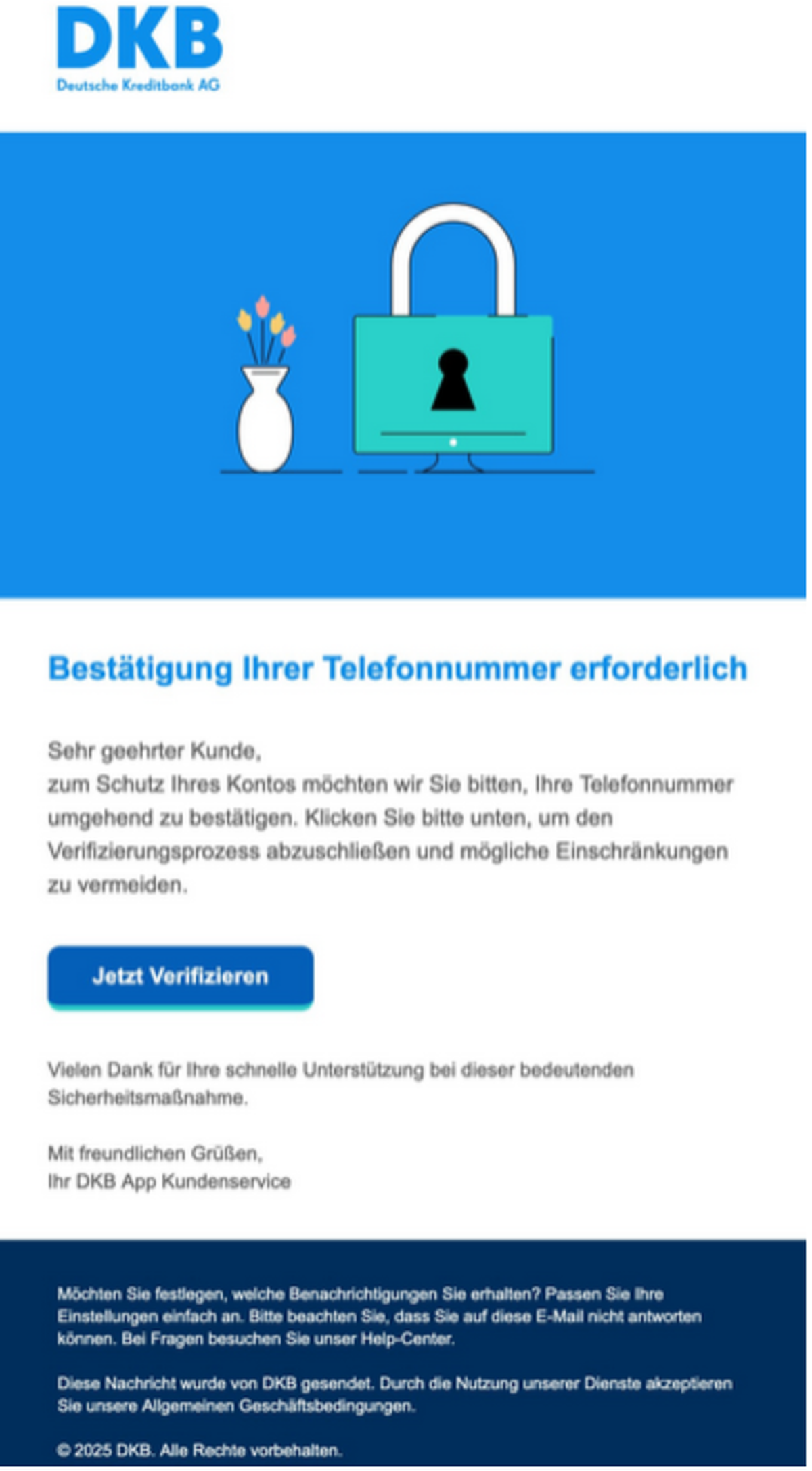 So sieht die Mail aus, vor der die Verbraucherzentrale DKB-Kund:innen aktuell warnt.