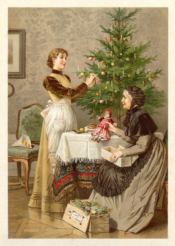 Weihnachtsbaum historisch: Mother and daughter decorating christmas tree
Original edition from my own archives
Source : Gartenlaube 1892
after Aquarell of R. Beyschlag
Lith. Kunstanstalt von Max Seege ...