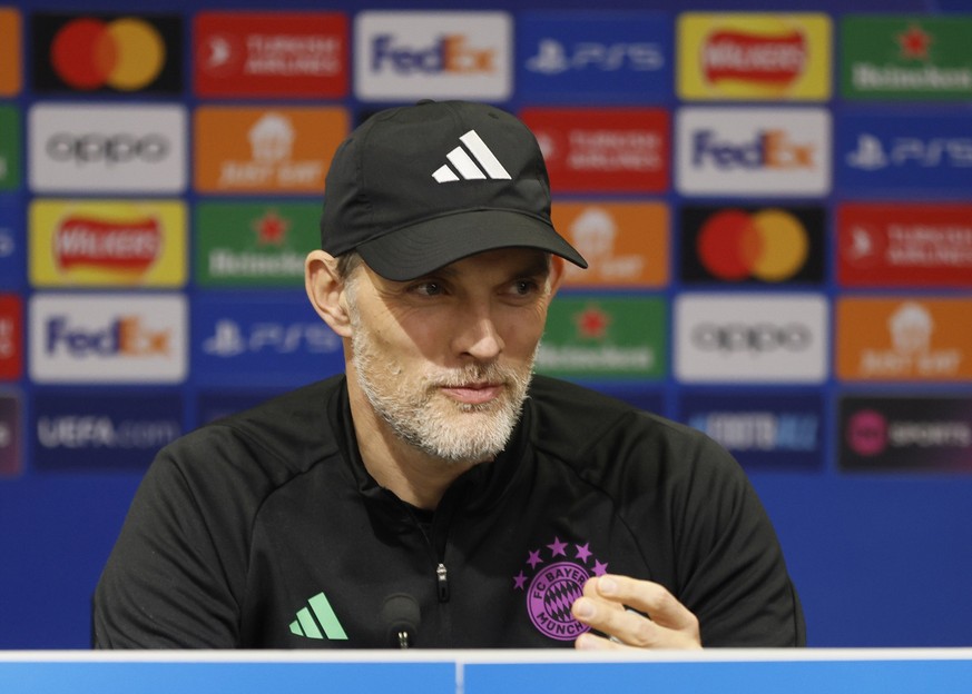 Bayern Munich head coach Thomas Tuchel meets the media during a press conference ahead of Tuesday&#039;s Champions League soccer match against Manchester United, at Old Trafford, Manchester, England,  ...