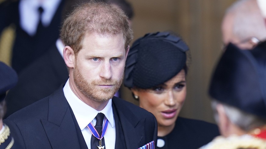 LONDON, ENGLAND - SEPTEMBER 14: Prince Harry and Meghan, Duchess of Sussex leave Westminster Hall, London after the coffin of Queen Elizabeth II was brought to the hall to lie in state ahead of her fu ...