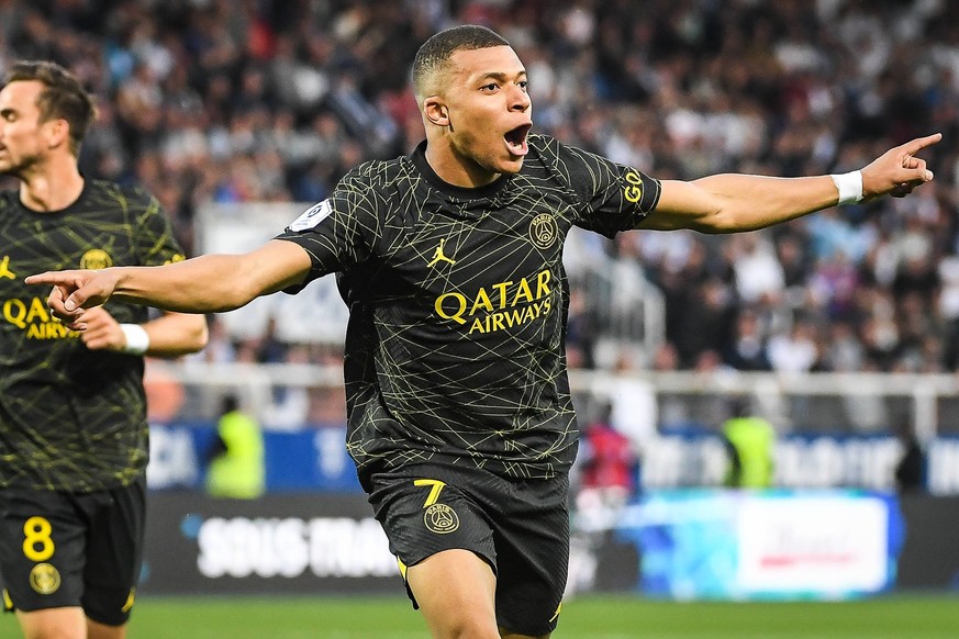 May 21, 2023, Auxerre, France, France: Kylian MBAPPE of PSG celebrates his goal during the Ligue 1 match between AJ Auxerre and Paris Saint-Germain PSG at Abbe-Deschamps Stadium on May 21, 2023 in Aux ...