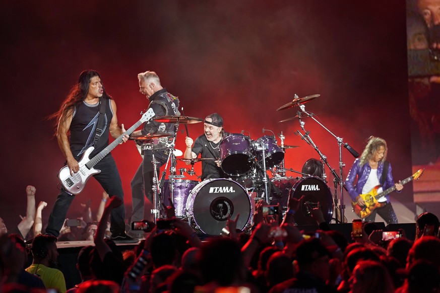 Robert Trujillo, from left, James Hetfield, Lars Ulrich, and Kirk Hammett of Metallica perform on day one of the Lollapalooza Music Festival on Thursday, July 28, 2022, at Grant Park in Chicago. (Phot ...