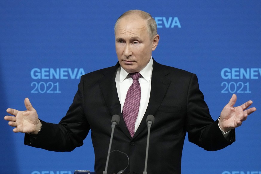 Russian President Vladimir Putin speaks during a news conference after his meeting with U.S President Joe Biden at the &#039;Villa la Grange&#039; in Geneva, Switzerland in Geneva, Switzerland, Wednes ...