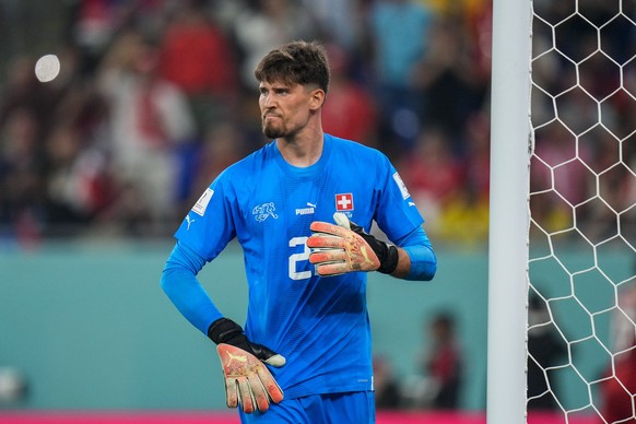 Switzerland's goalkeeper Gregor Kobel reacts after Serbia's Aleksandar Mitrovic scored his side's first goal during the World Cup group G soccer match between Serbia and Switzerland, at the Stadium 97 ...