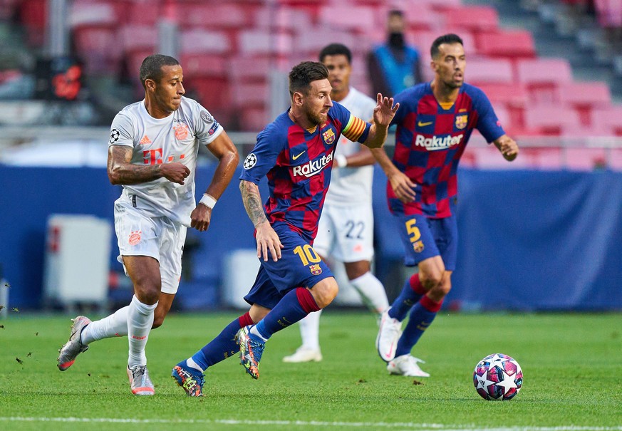 FC BAYERN MUENCHEN - FC Barcelona, Barca 8-2 , Football UEFA Champions League Lisbon, Lissabon, Portugal, 14th August 2020. Lionel MESSI, Barca 10 against Thiago ALCANTARA, FCB 6 in the quarterfinal U ...